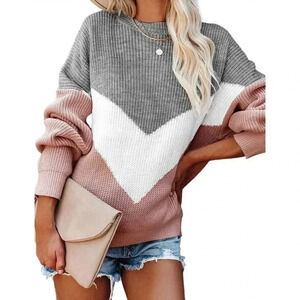 Womens Grey Sweaters Crewneck V Shaped Long Sleeve Sweatshirt Winter Sweaters